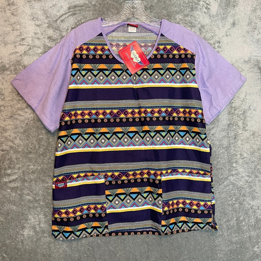 Sherly Women Printed 2 Pocket Medical Scrub Top L Southwestern Navajo Geometric